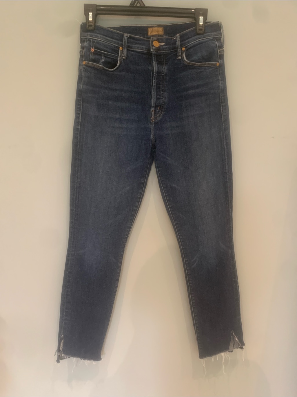 Mother High-Rise Skinny Jeans In Dark Blue Wash- The Stunner Ankle Fray Sz 28